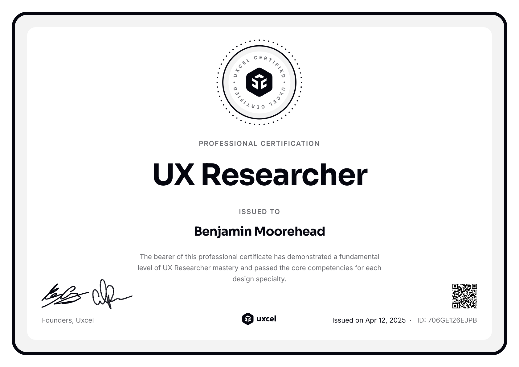 Benjamin Moorehead's certificate